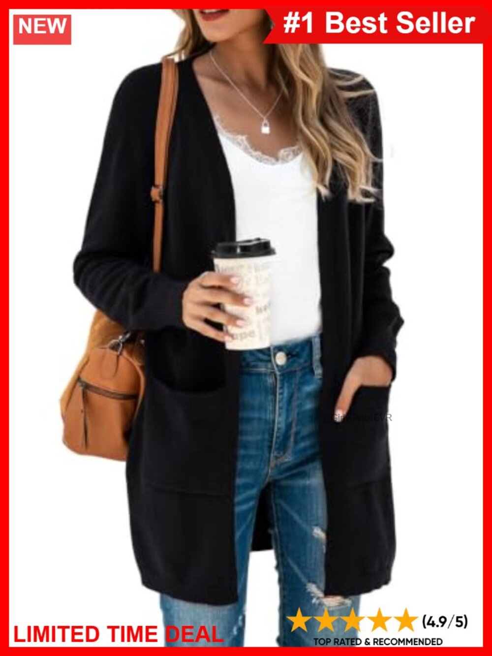 Open Front Duster Cardigan Long Sleeve Knit Sweater with Pockets